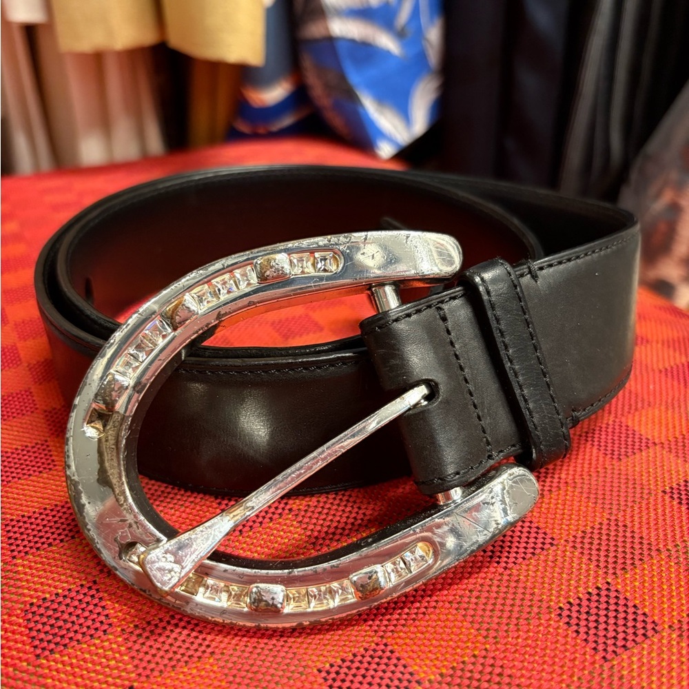 Ralph Lauren Black Belt with Silver Horseshoe Buckle